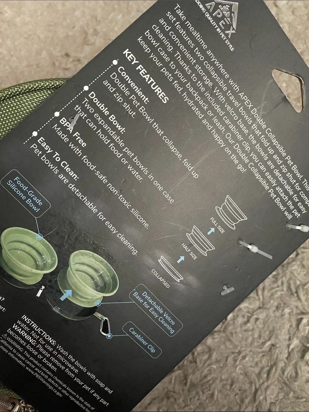 Apex Olive Green Double Collapsible Pet Bowl with Carry Case